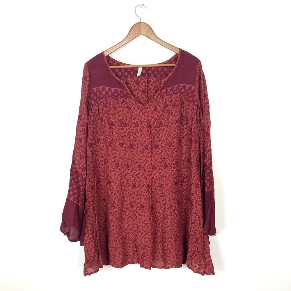 Free People Red Flowy Long Sleeve Blouse Shirt XS